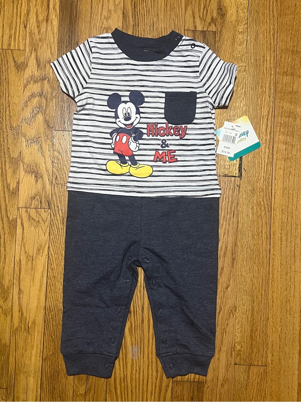 Disney Baby Mickey Mouse Striped Cotton Jersey Snap Romper Short Sleeve 6-9M NWT
